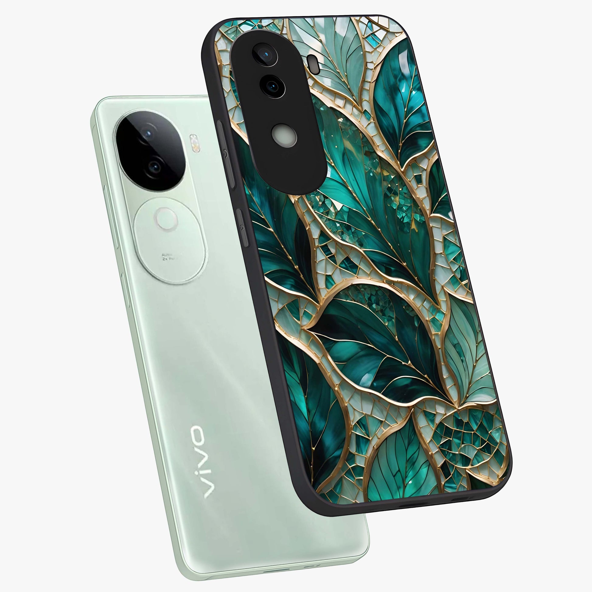 Emerald Leaf Glass Glass Case displayed in angled mockup highlighting botanical leaf illustration with elegant natural aesthetic.