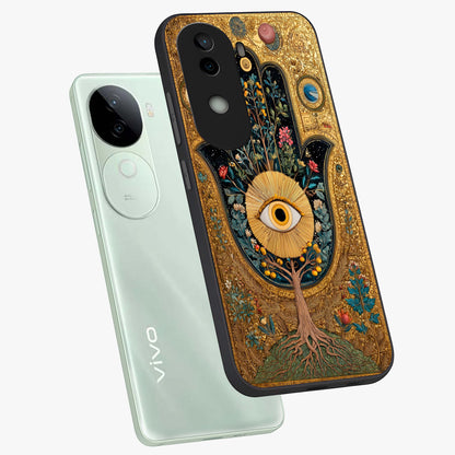 Ethereal Evil Eye Glass Case displayed in angled mockup highlighting protective evil eye symbol with spiritual aesthetic design.