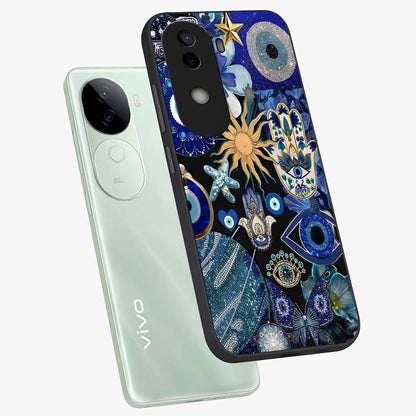 Evil Eye Charm Mix Glass Case displayed in angled mockup highlighting protective evil eye symbols with spiritual aesthetic design.
