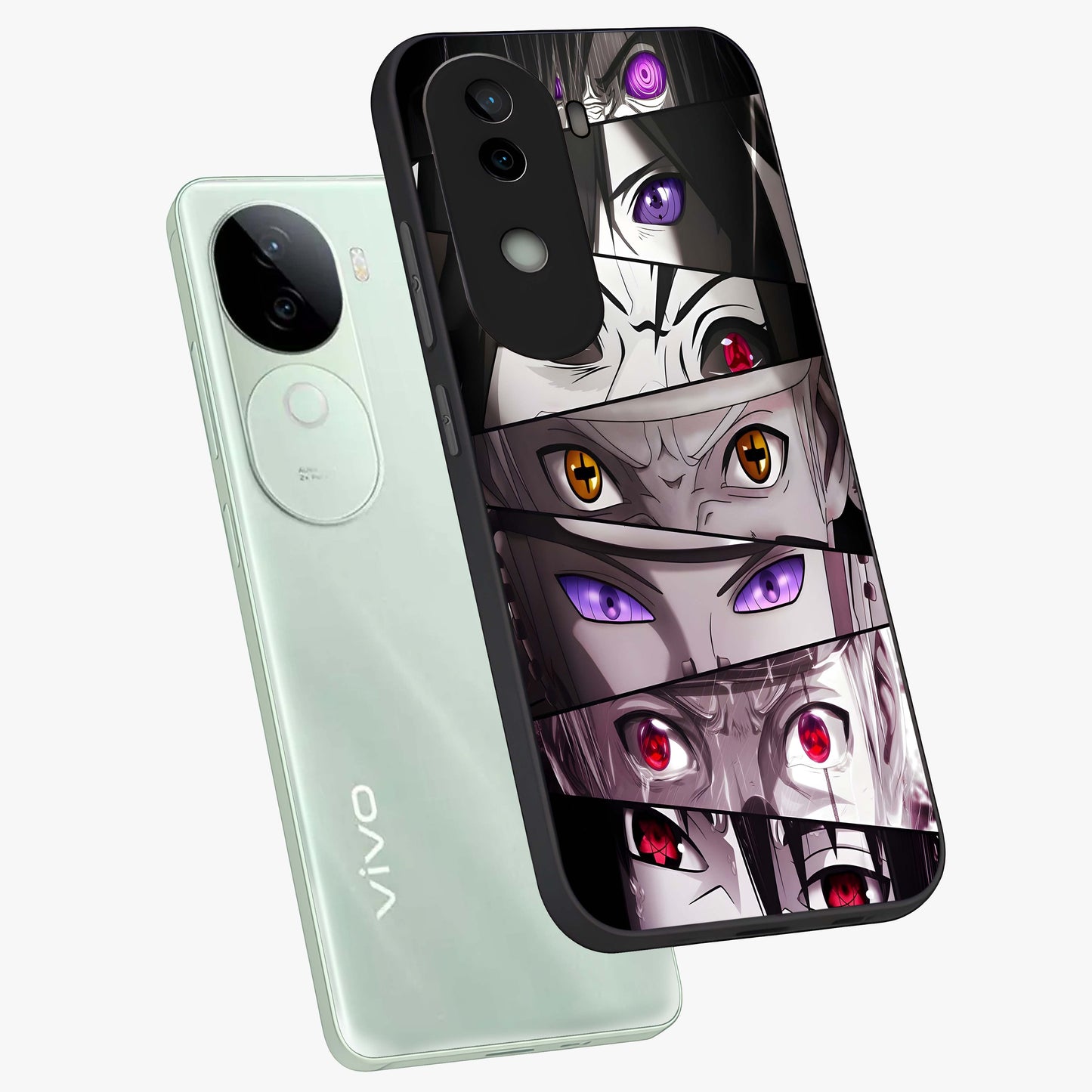 Eyes of Destiny Glass Case displayed in angled mockup highlighting bold eye illustration with mystical aesthetic style.