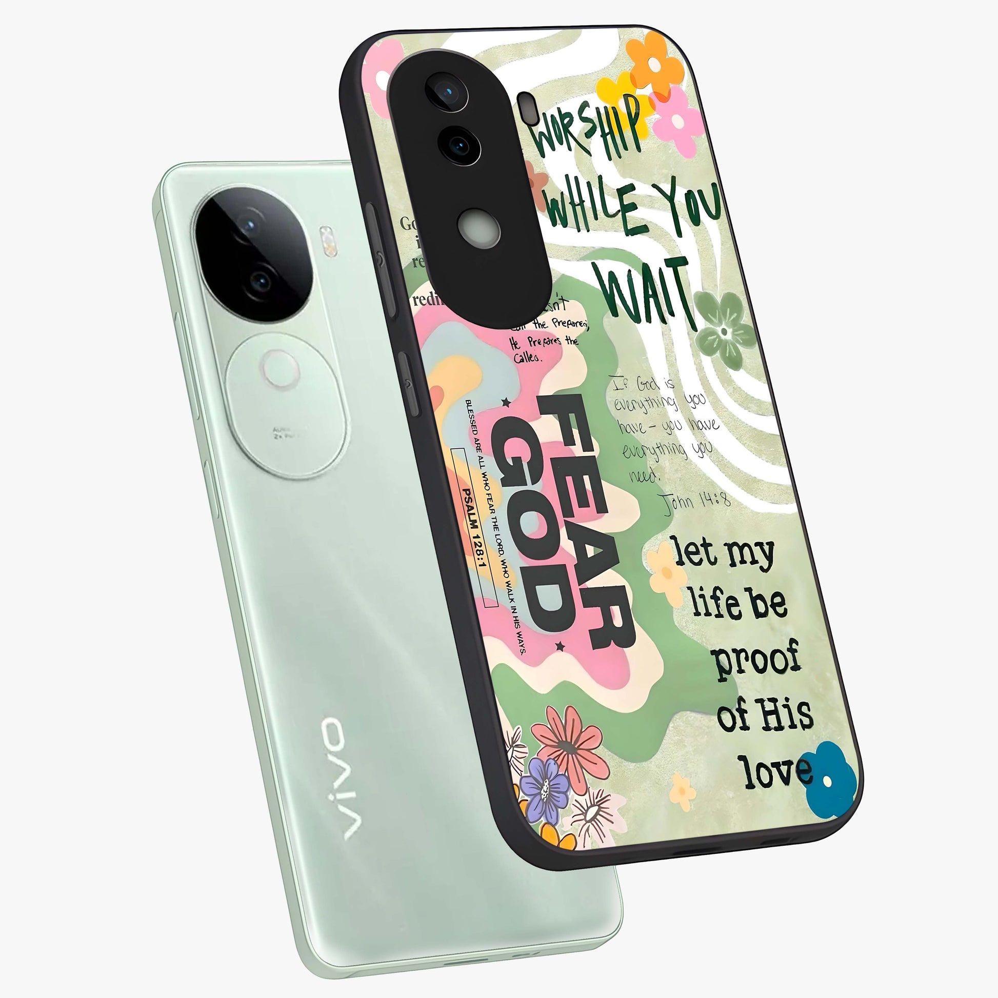 Faith Over Fear Glass Case displayed in angled mockup highlighting inspirational message design with modern aesthetic style.