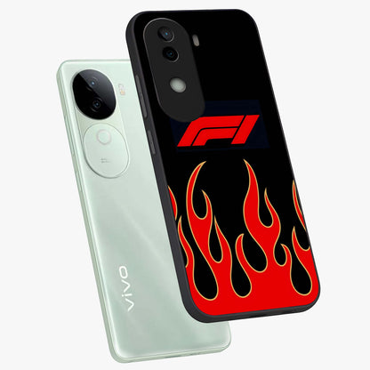 Fire F11 Glass Case displayed in angled mockup highlighting bold fire inspired graphic with energetic aesthetic style.