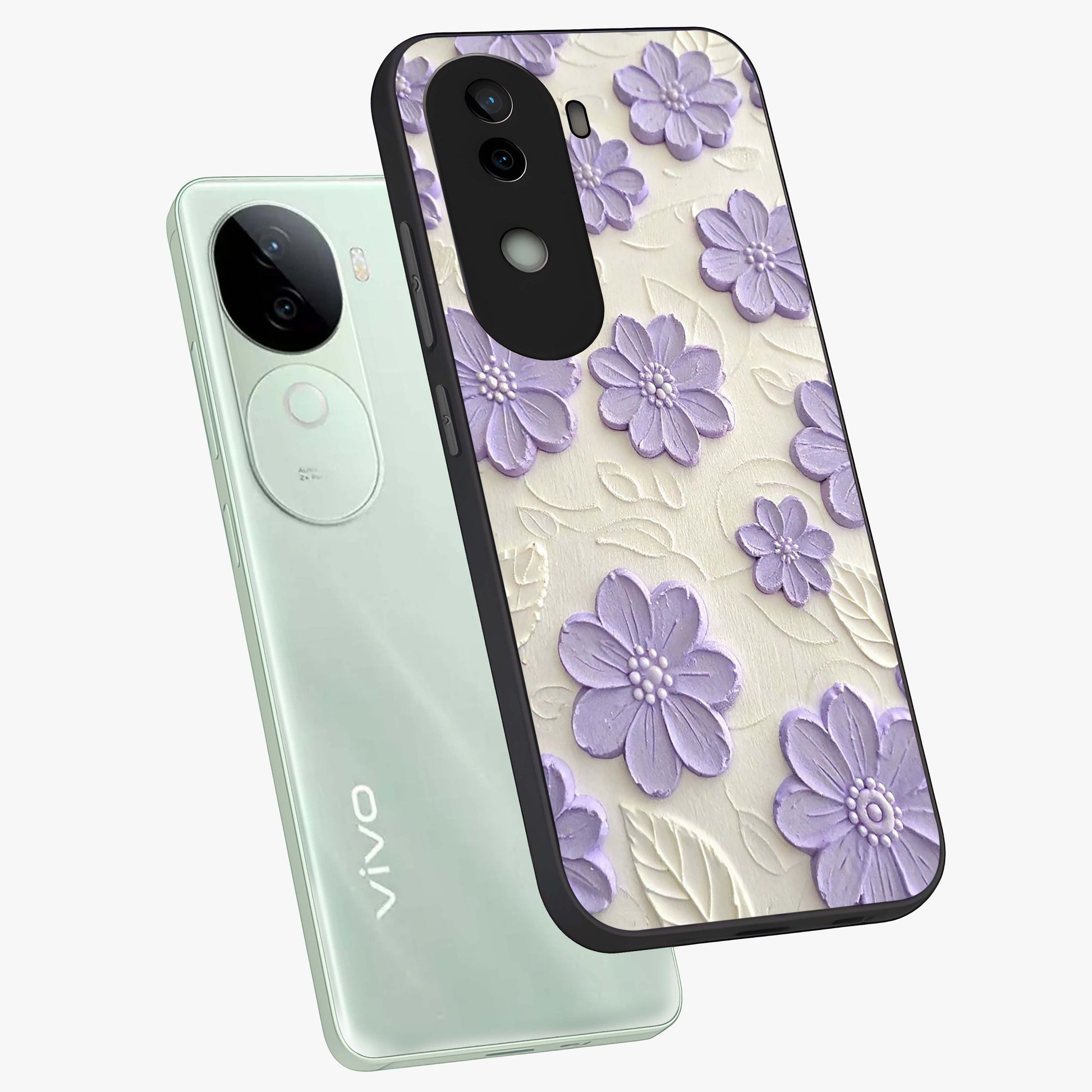 Floral Wall Art With Purple Flowers Glass Case displayed in angled mockup highlighting vibrant purple floral illustration with artistic aesthetic.