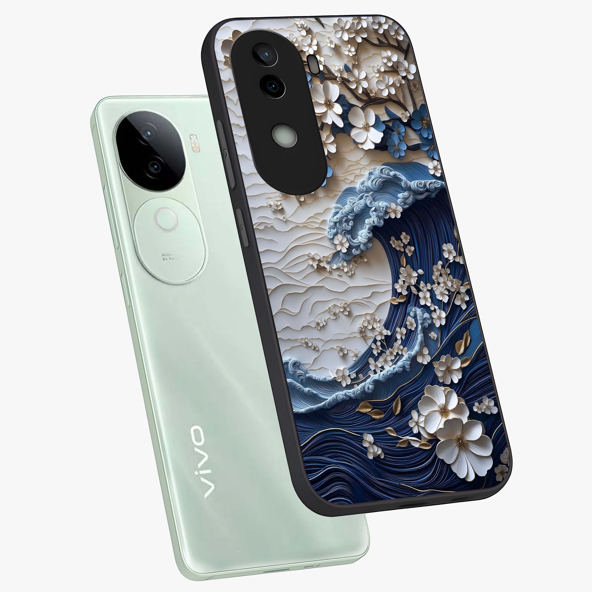 Floral Wave Origami Glass Case displayed in angled mockup highlighting geometric origami flower design with modern aesthetic style.