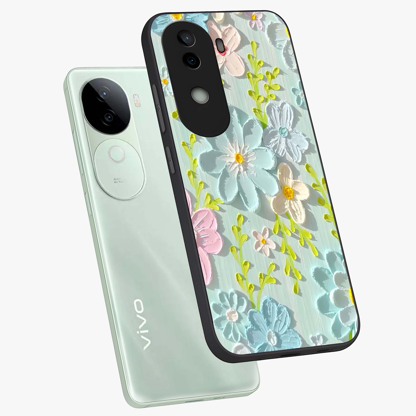 Frosted Petal Garden Glass Case displayed in angled mockup highlighting delicate flower petal design with calm garden aesthetic.