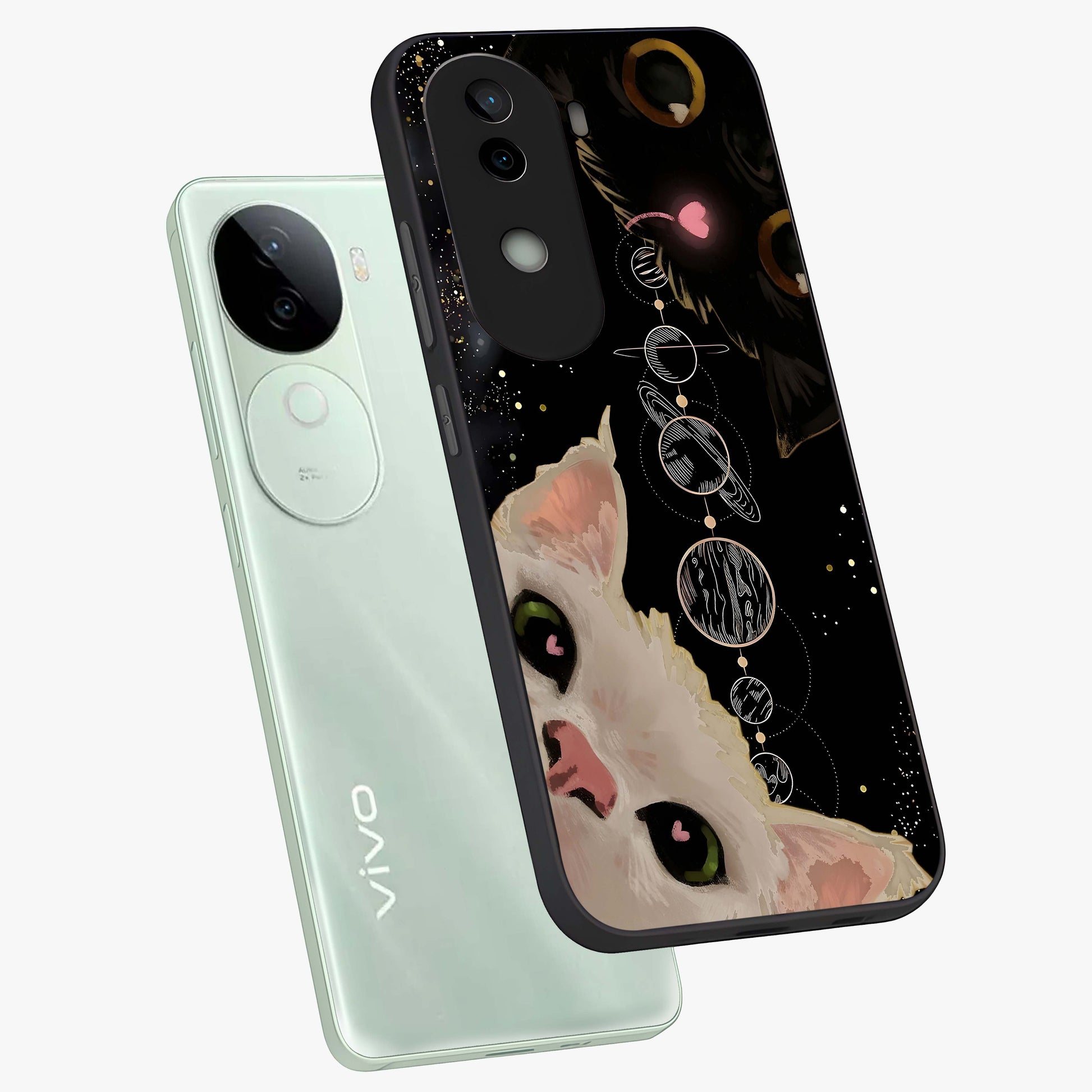 Galactic Cat Glass Case displayed in angled mockup highlighting celestial feline illustration with galaxy aesthetic style.