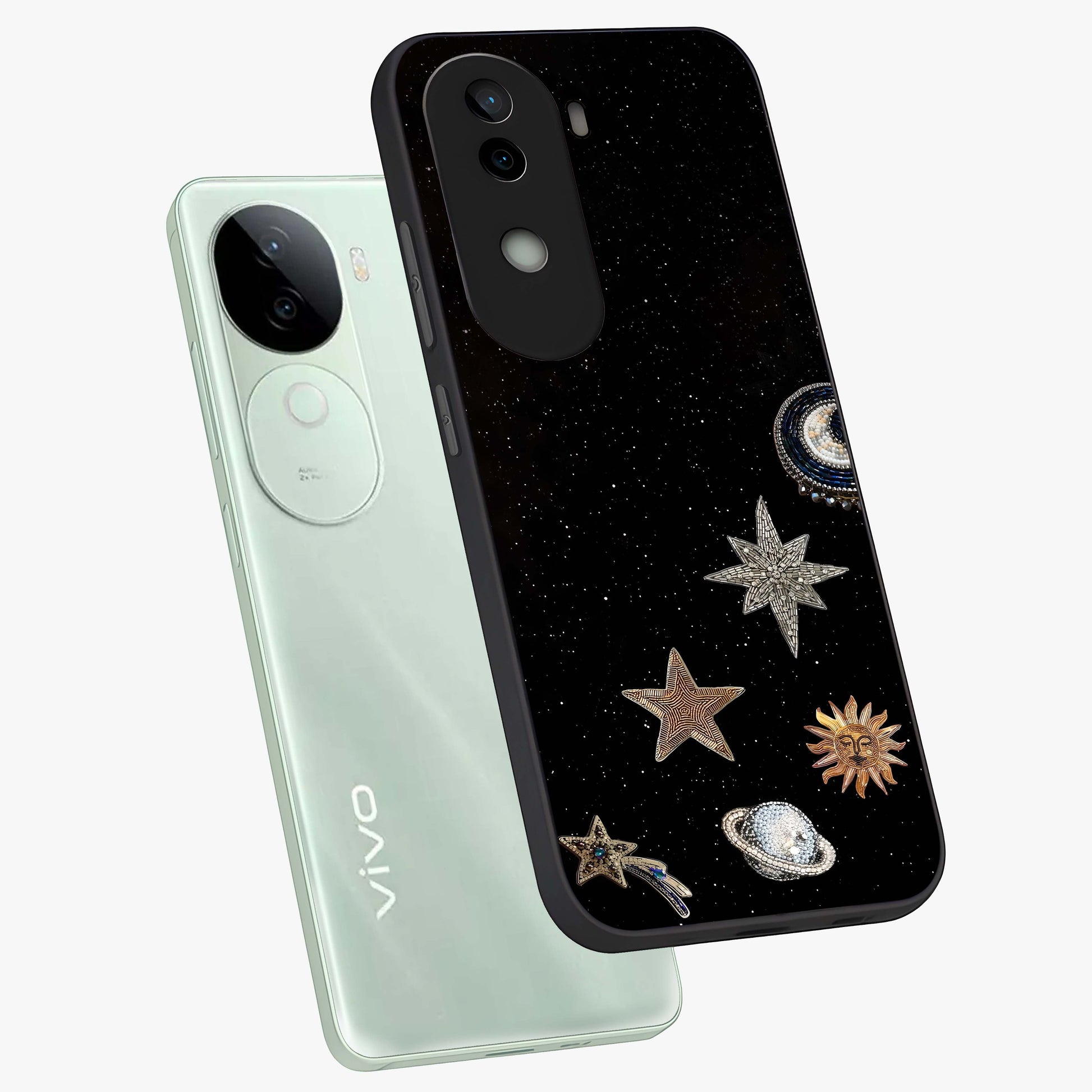 Galactic Charm Glow Glass Case displayed in angled mockup highlighting luminous galaxy inspired design with dreamy aesthetic.