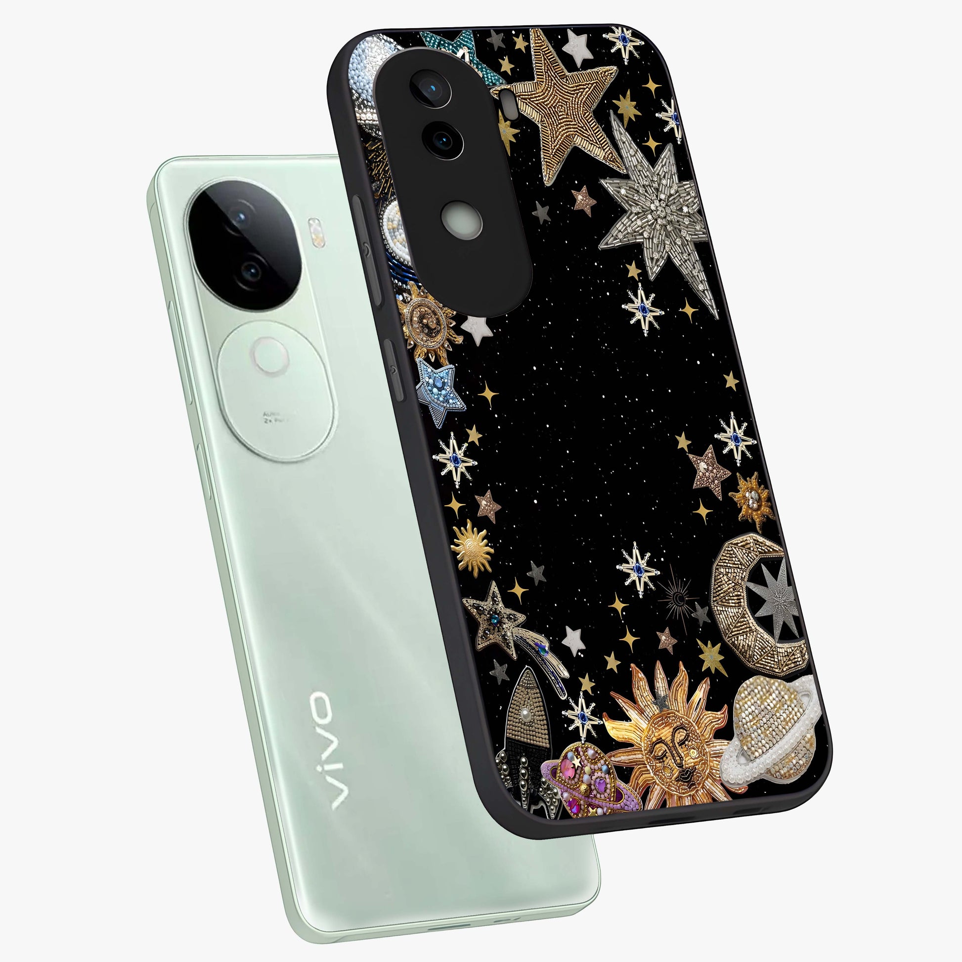 Galactic Jewel Stars Glass Case displayed in angled mockup highlighting shining celestial star design with cosmic aesthetic style.