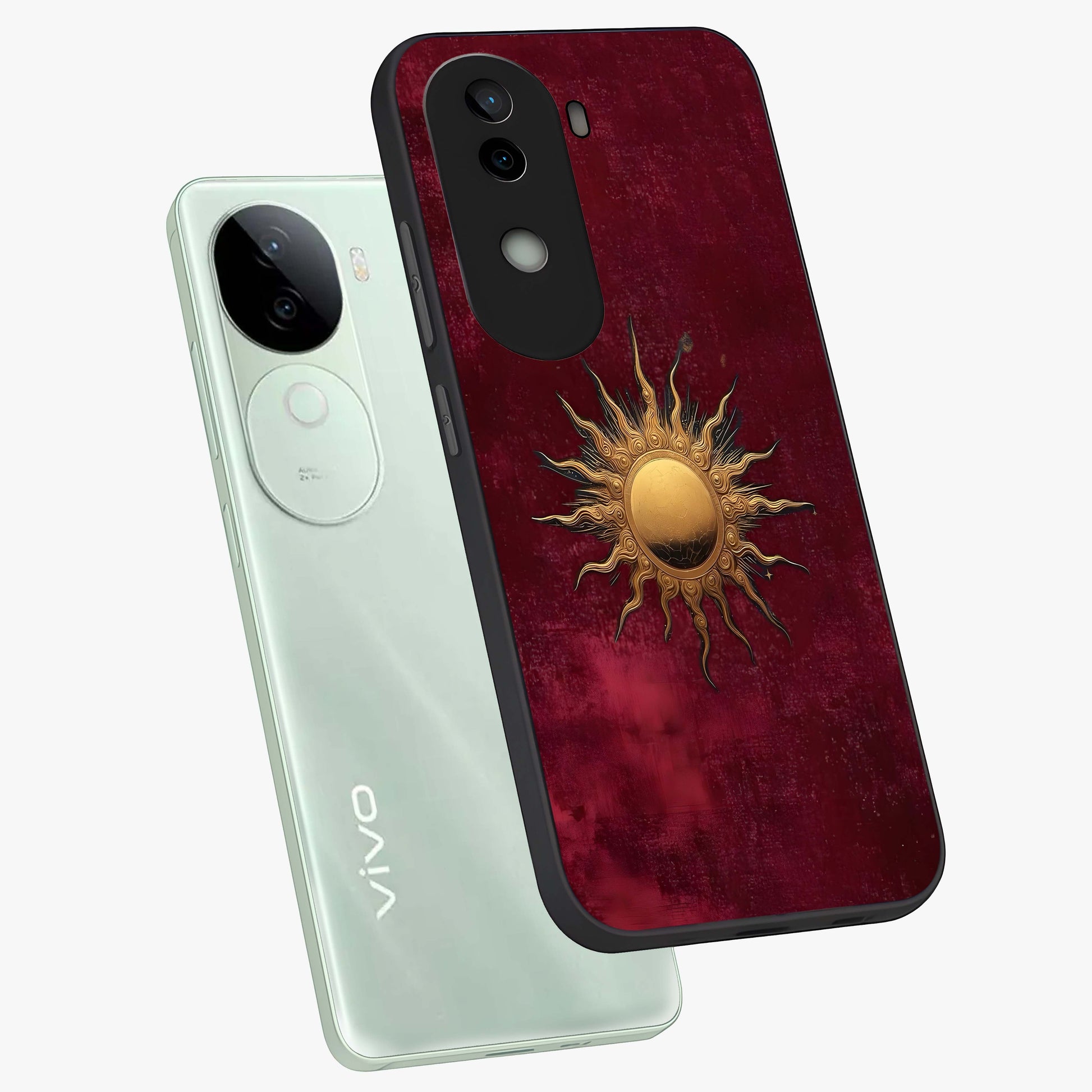 Golden Sun Minimalism Glass Case displayed in angled mockup highlighting clean sun symbol design with modern minimal aesthetic.