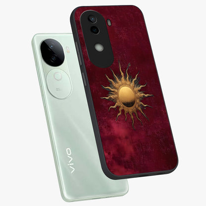 Golden Sun Minimalism Glass Case displayed in angled mockup highlighting clean sun symbol design with modern minimal aesthetic.