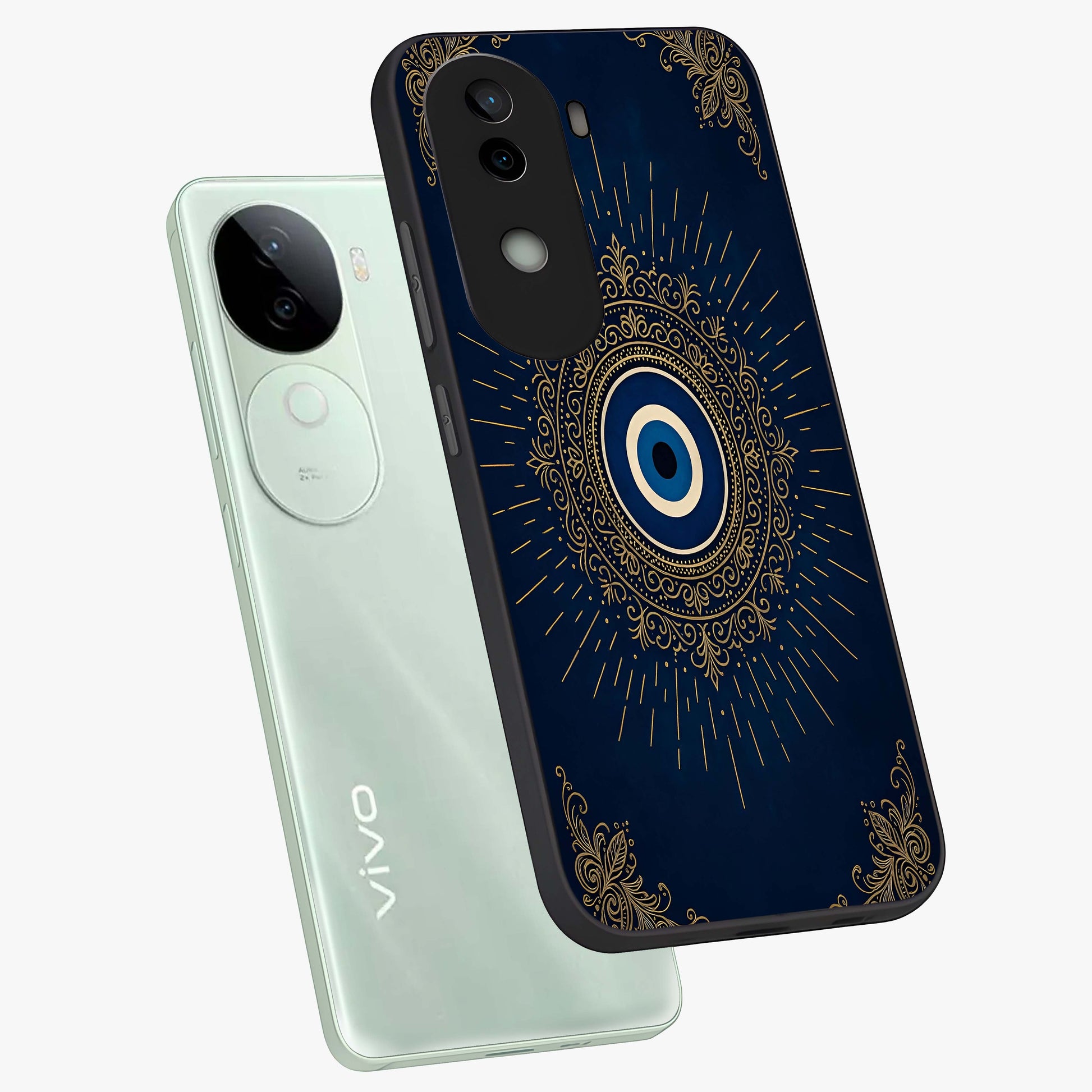 Golden Celestial Charm Glass Case displayed in angled mockup highlighting sparkling cosmic charm design with celestial aesthetic.