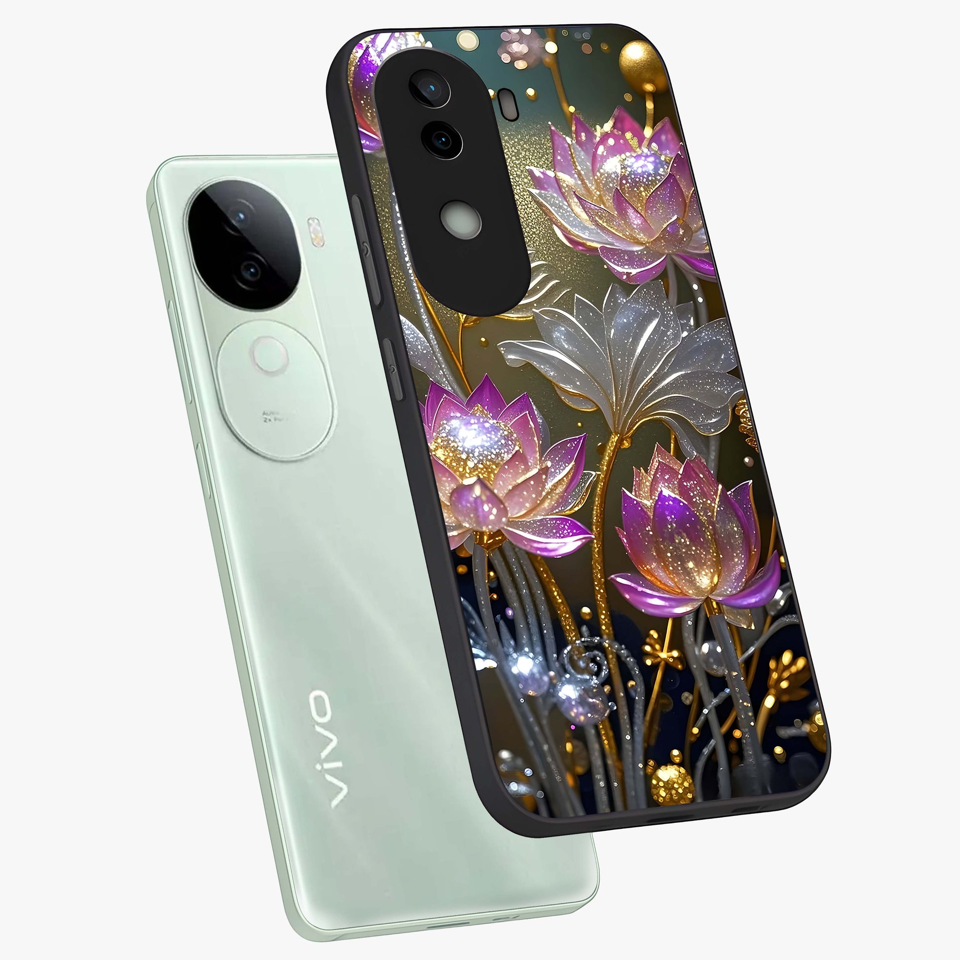 Golden Floral Majesty Glass Case displayed in angled mockup highlighting elegant flower design with royal golden aesthetic.