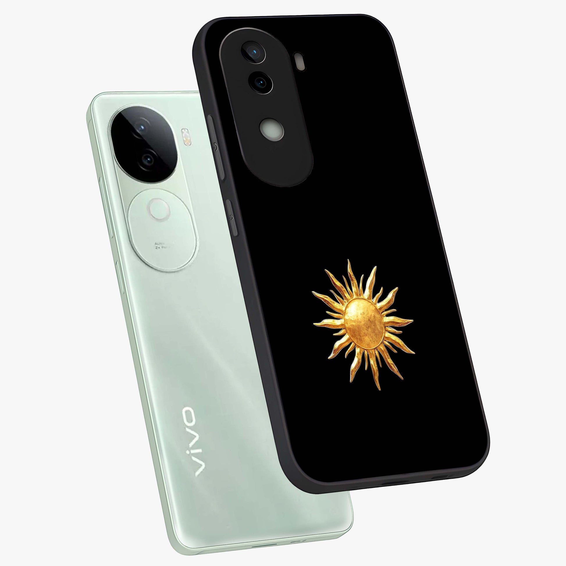 Golden Sun Minimalism Glass Case displayed in angled mockup highlighting eerie shadow illustration with gothic aesthetic.