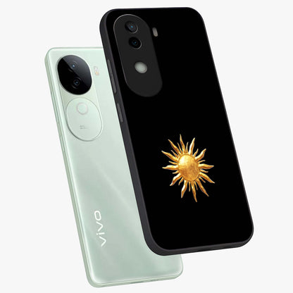 Golden Sun Minimalism Glass Case displayed in angled mockup highlighting eerie shadow illustration with gothic aesthetic.