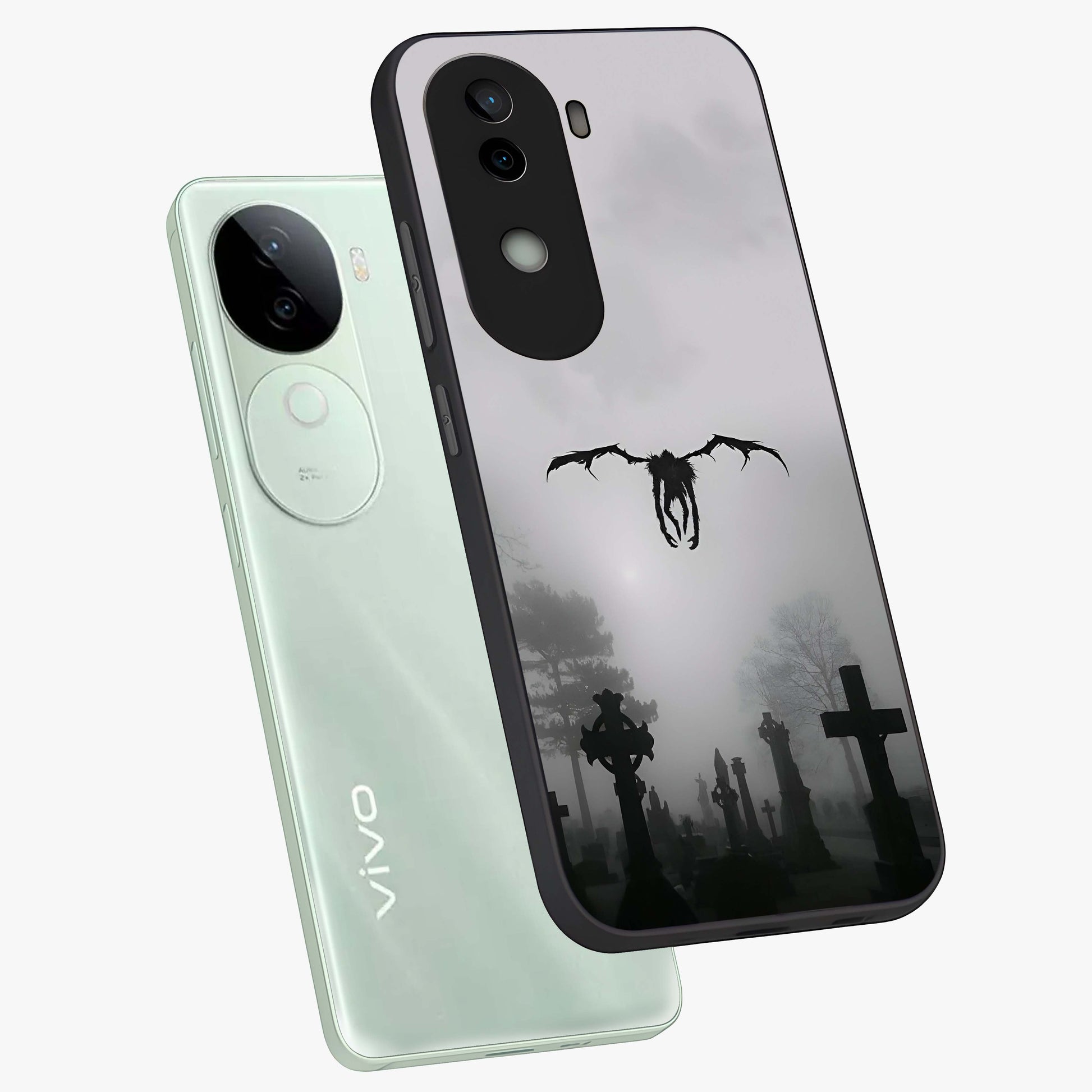 Graveyard Shadow Descent Glass Case displayed in angled mockup highlighting eerie shadow illustration with gothic aesthetic.