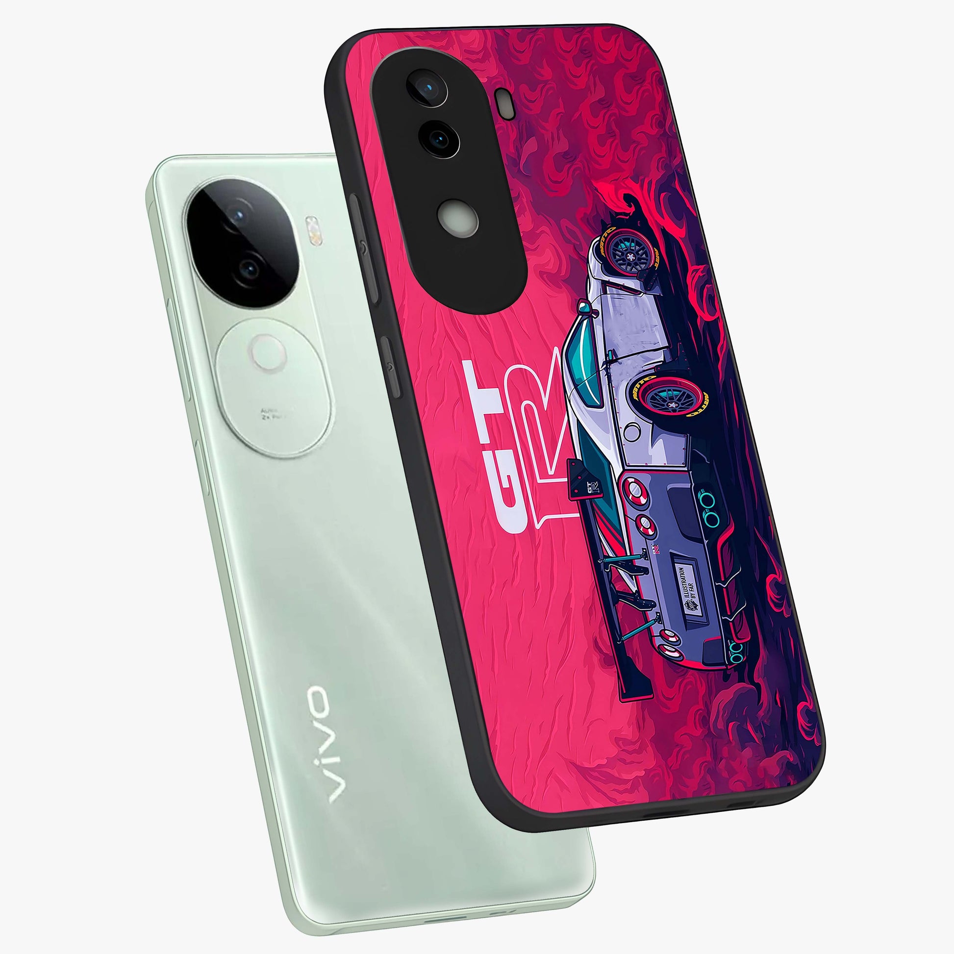 GT-R Car Pattern Glass Case displayed in angled mockup highlighting racing car graphic design with bold automotive aesthetic.