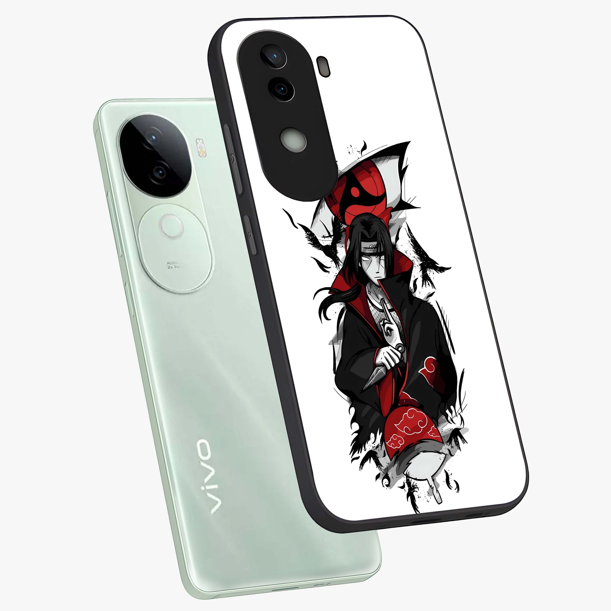Itachi Limited Edition Naruto Anime Glass Case displayed in angled mockup highlighting dramatic anime illustration with bold action aesthetic.