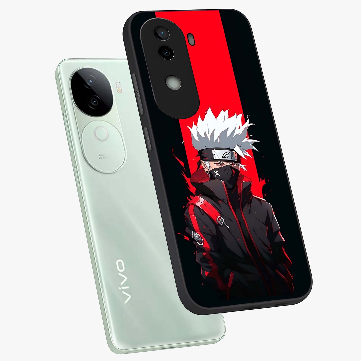 Kakashi Scarlet Shadow Glass Case displayed in angled mockup highlighting dramatic ninja illustration with scarlet themed aesthetic.