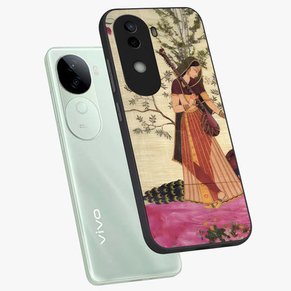 Lady With Veena Art Glass Case displayed in angled mockup highlighting graceful musical illustration with cultural artistic aesthetic.