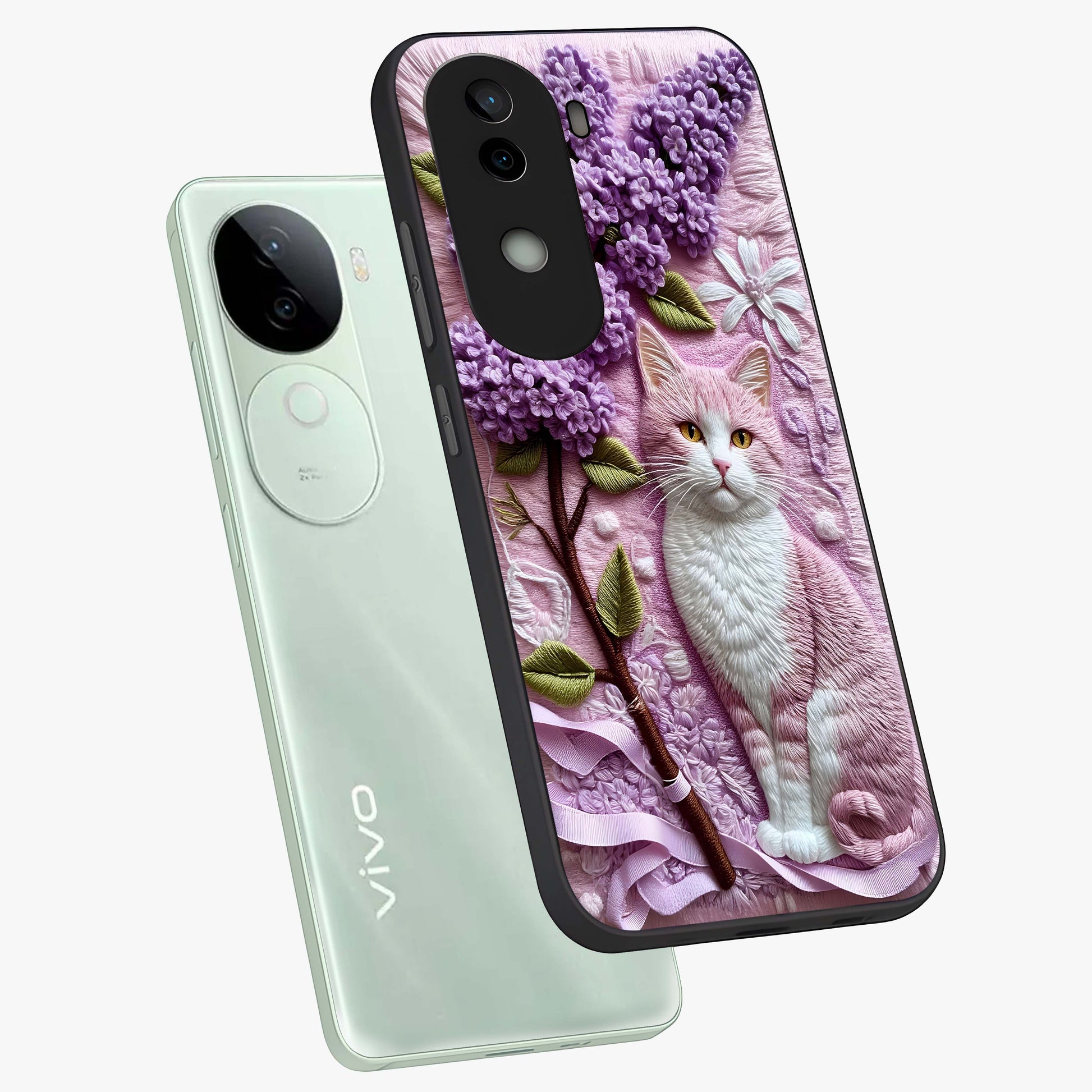 Lavender Cat Whimsy Glass Case displayed in angled mockup highlighting playful feline illustration with pastel lavender aesthetic.