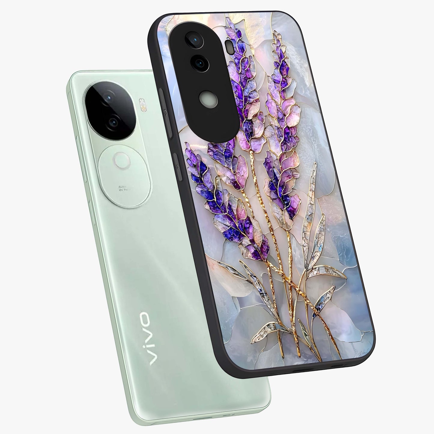 Lavender Dream Glow Glass Case displayed in angled mockup highlighting dreamy purple glow design with soft artistic style.