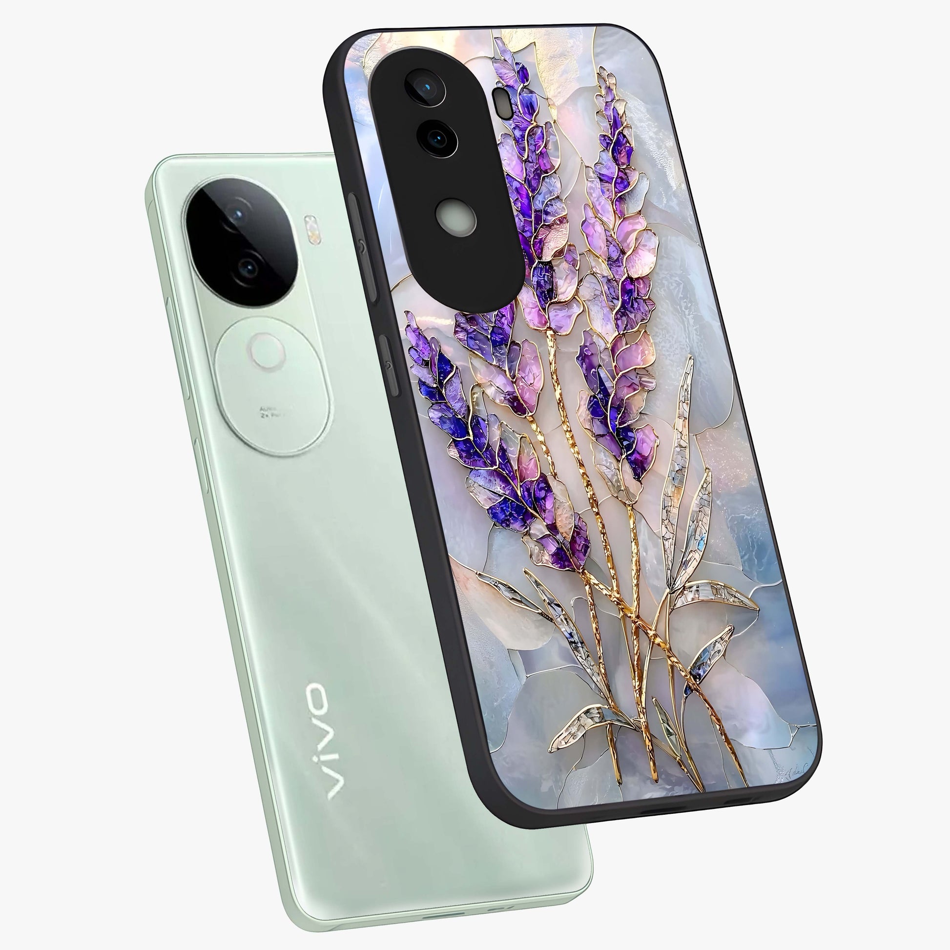 Lavender Dream Glow Glass Case displayed in angled mockup highlighting dreamy purple glow design with soft artistic style.