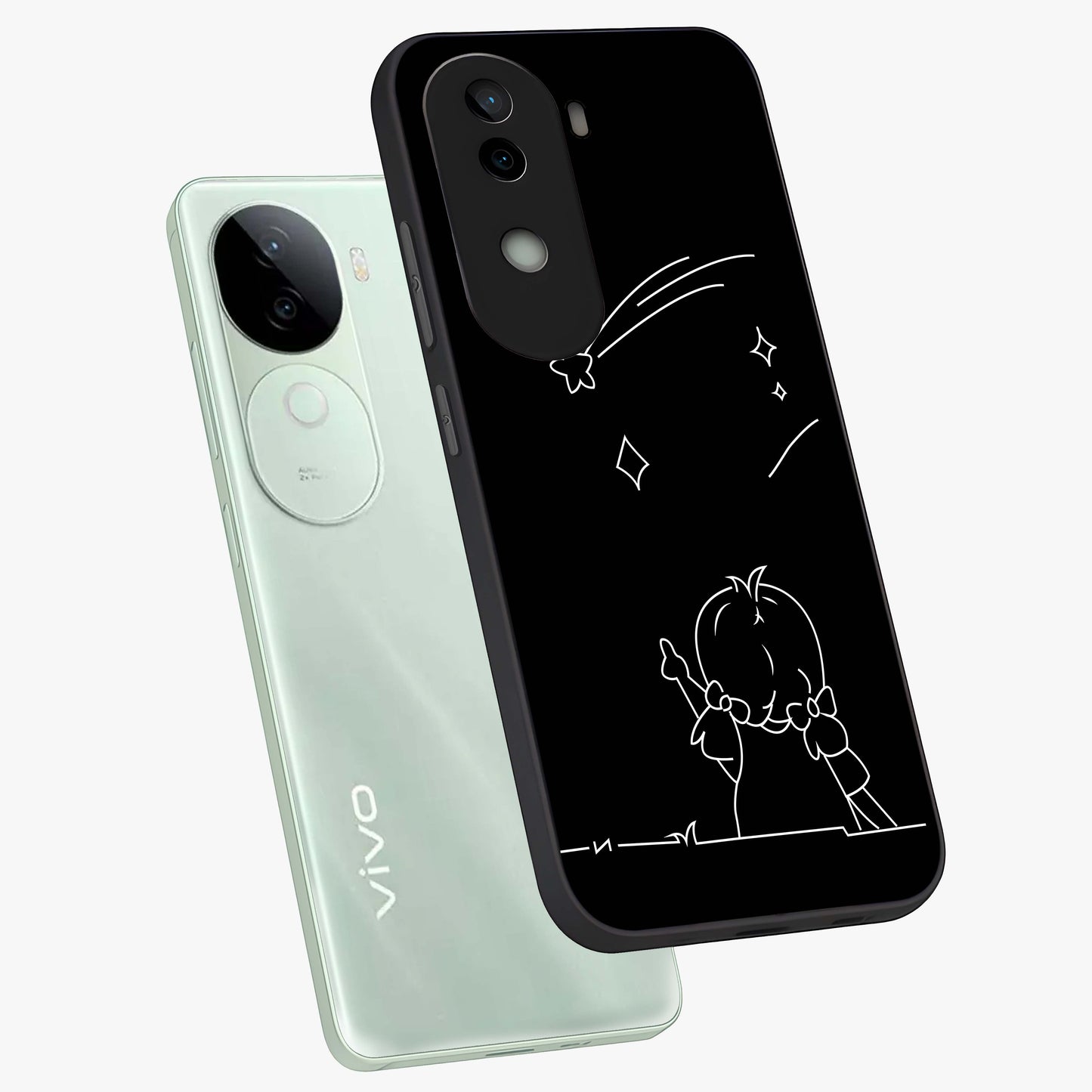 Line Art Girl With Shooting Stars Glass Case displayed in angled mockup highlighting elegant line art design with dreamy star aesthetic.