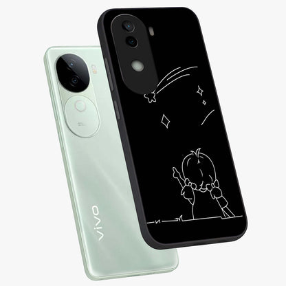 Line Art Girl With Shooting Stars Glass Case displayed in angled mockup highlighting elegant line art design with dreamy star aesthetic.