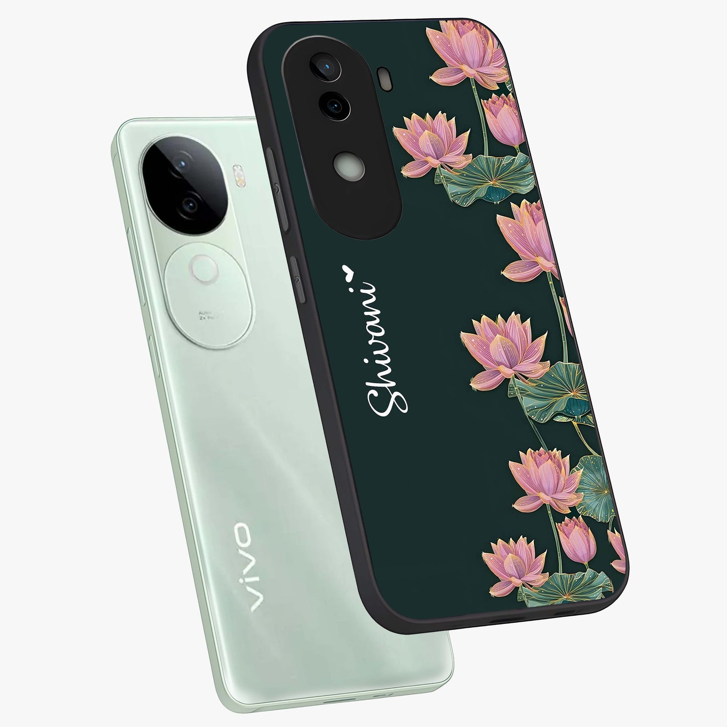 Lotus Bloom Serenity Custom Name Glass Case displayed in angled mockup highlighting graceful lotus illustration with custom name feature.
