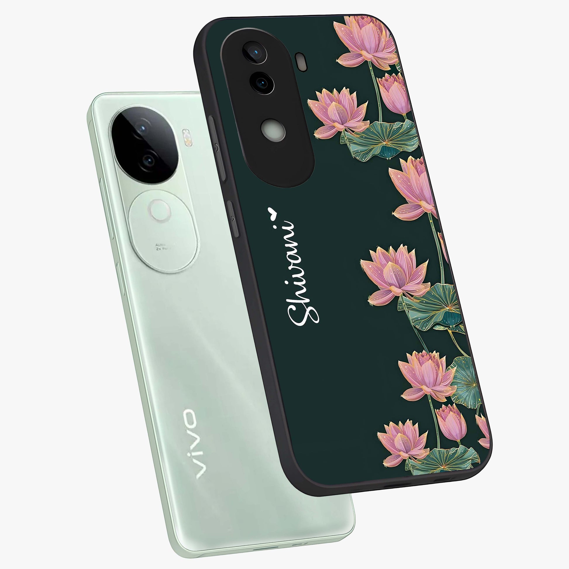 Lotus Bloom Serenity Custom Name Glass Case displayed in angled mockup highlighting graceful lotus illustration with custom name feature.