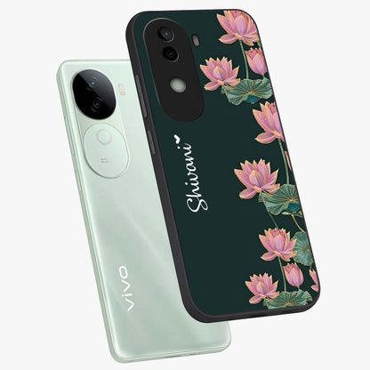 Lotus Bloom Serenity Custom Name Glass Case displayed in angled mockup highlighting graceful lotus illustration with custom name feature.