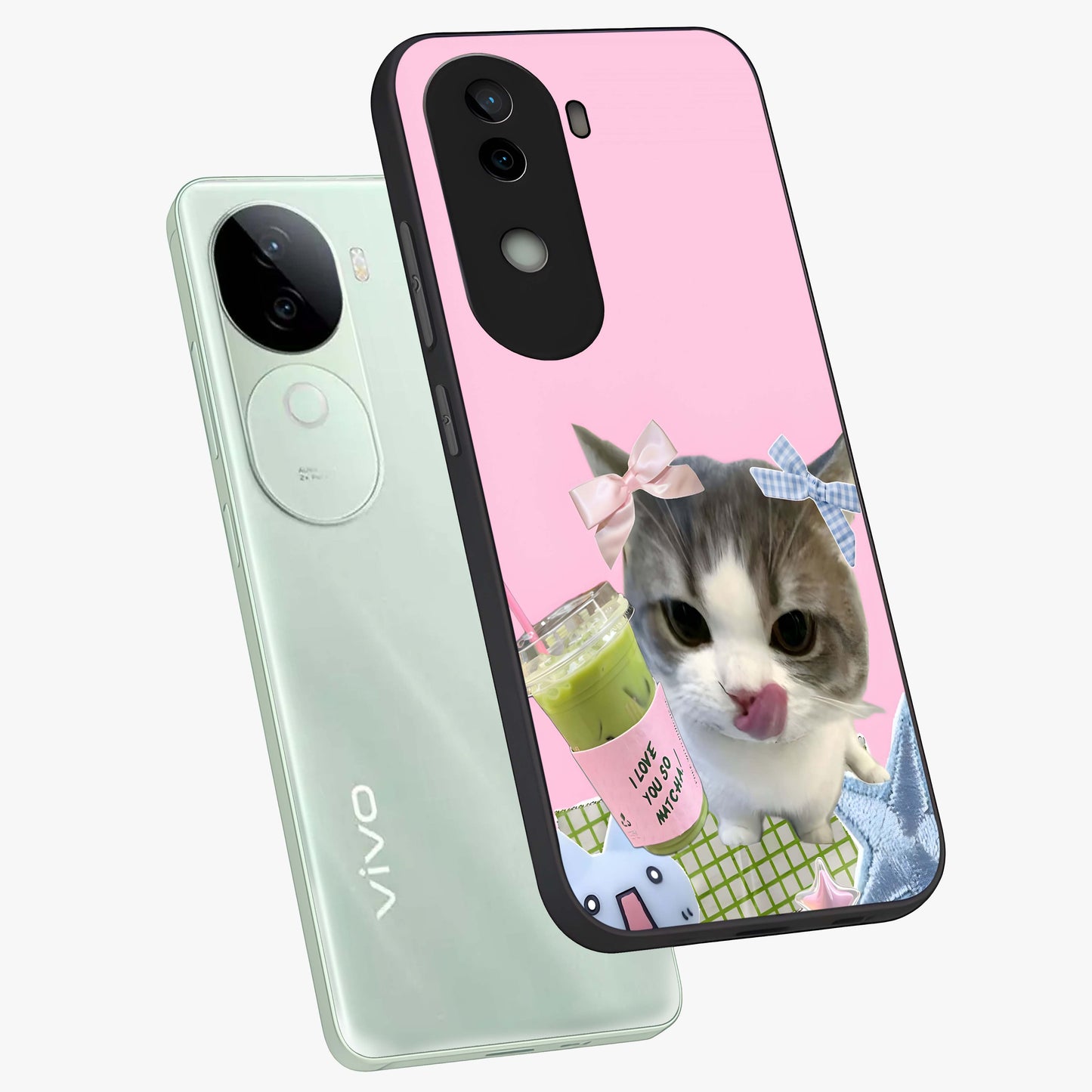 Love Matcha Cat Glass Case displayed in angled mockup highlighting playful feline illustration with cozy matcha aesthetic.