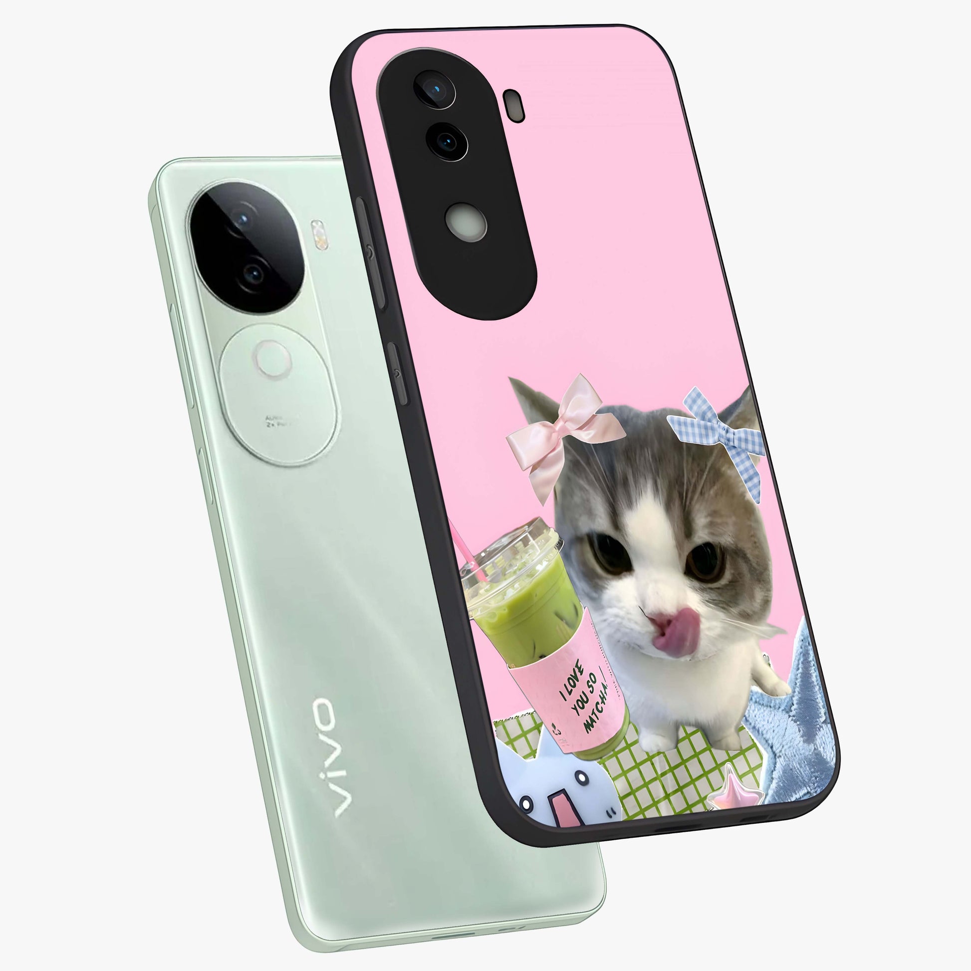 Love Matcha Cat Glass Case displayed in angled mockup highlighting playful feline illustration with cozy matcha aesthetic.