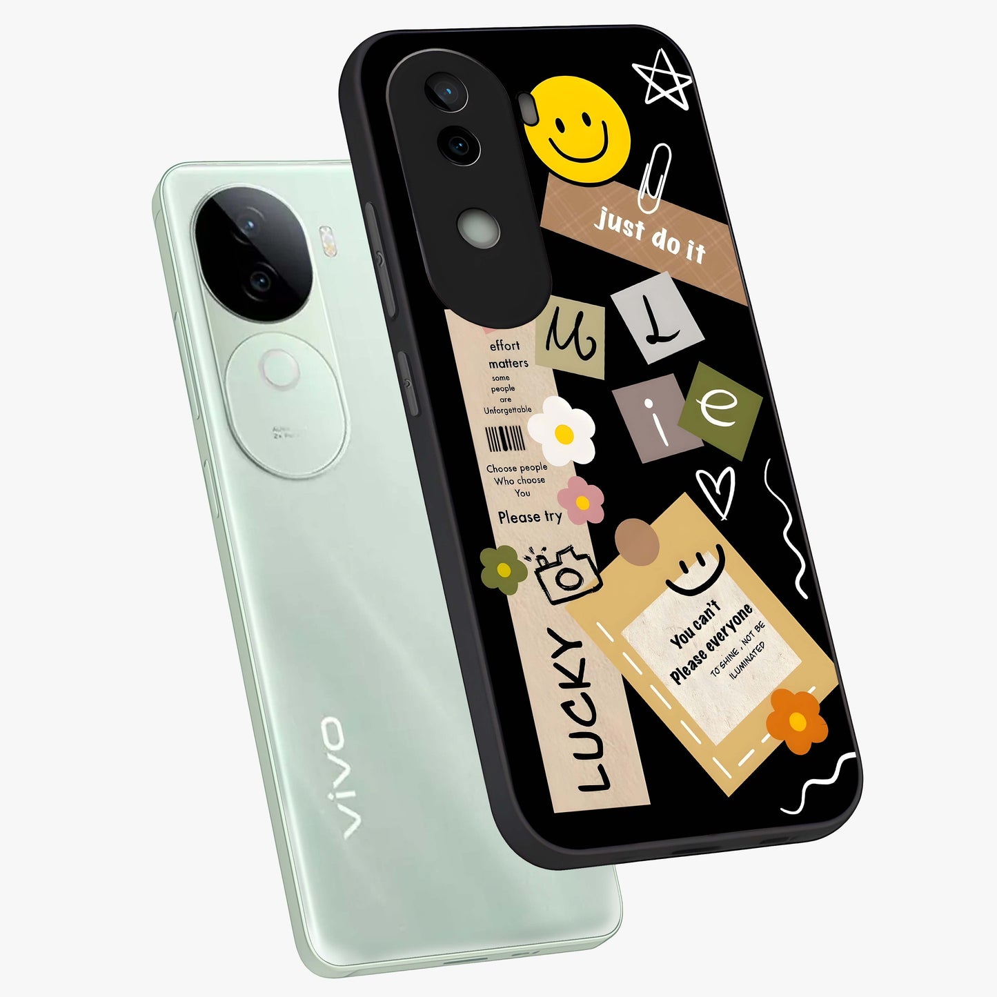 Lucky Aesthetic Collage Glass Case displayed in angled mockup highlighting stylish collage pattern with modern aesthetic vibe.