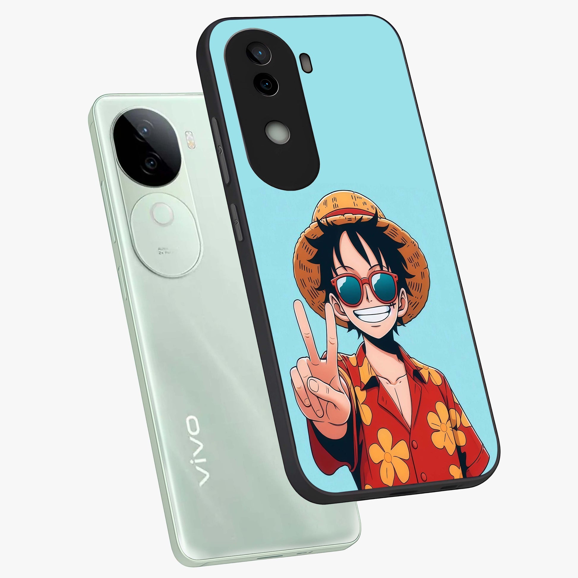 Luffy Summer Anime Vibe Glass Case displayed in angled mockup highlighting energetic anime illustration with summer vibe aesthetic.