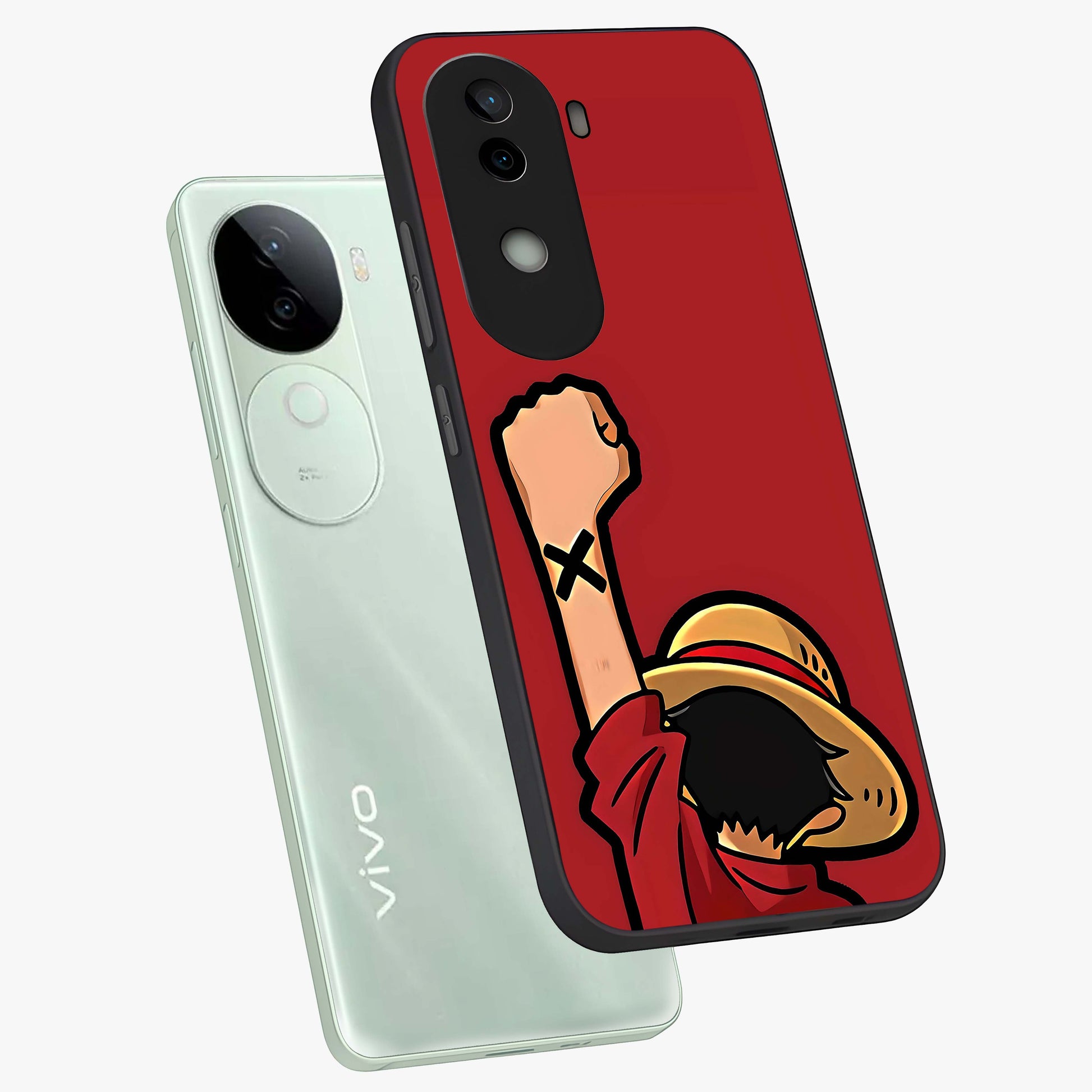 Luffy X Spirit Glass Case displayed in angled mockup highlighting powerful anime design with energetic action aesthetic.