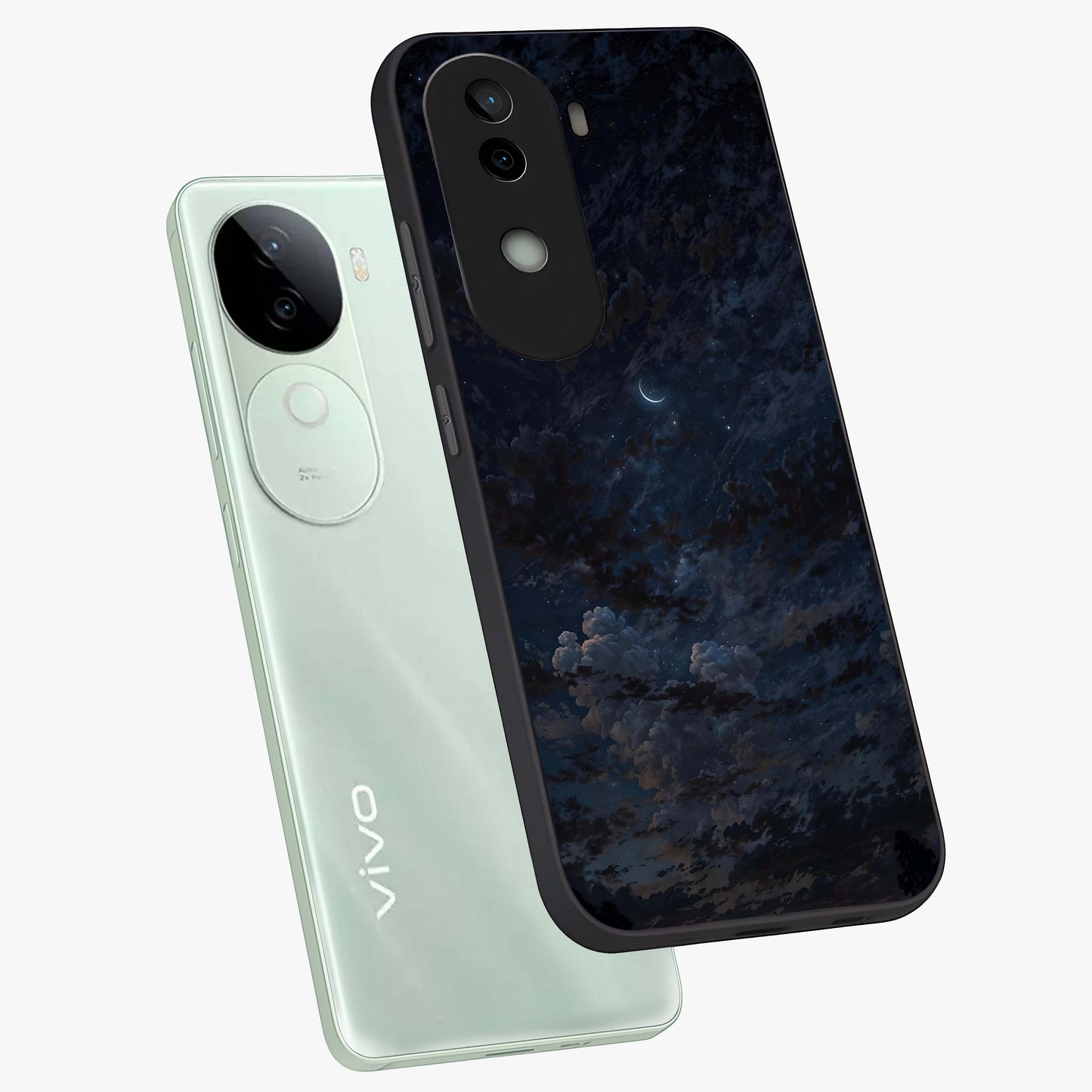 Lunar Veil Silence Glass Case displayed in angled mockup highlighting soft lunar design with peaceful celestial aesthetic.