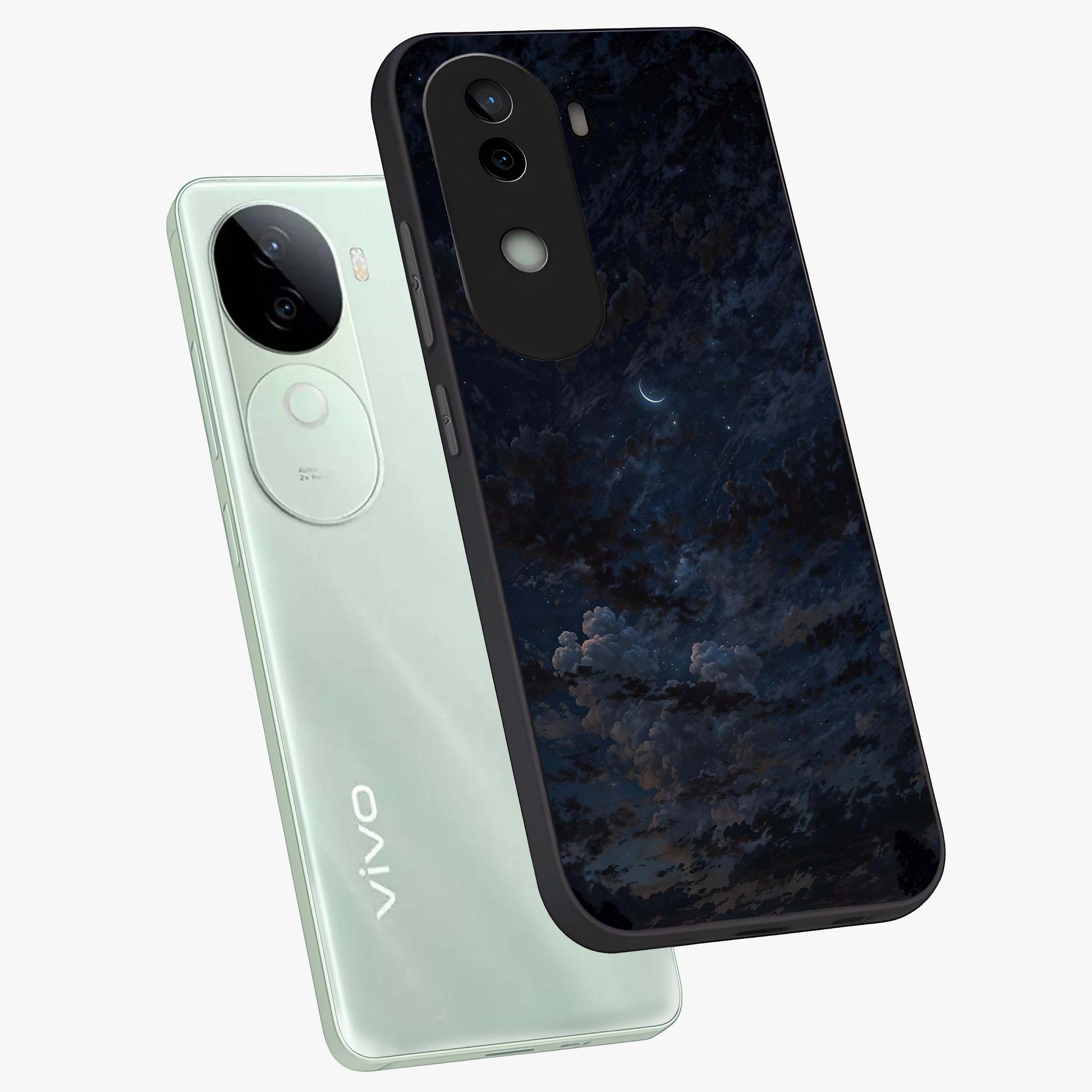 Lunar Veil Silence Glass Case displayed in angled mockup highlighting soft lunar design with peaceful celestial aesthetic.