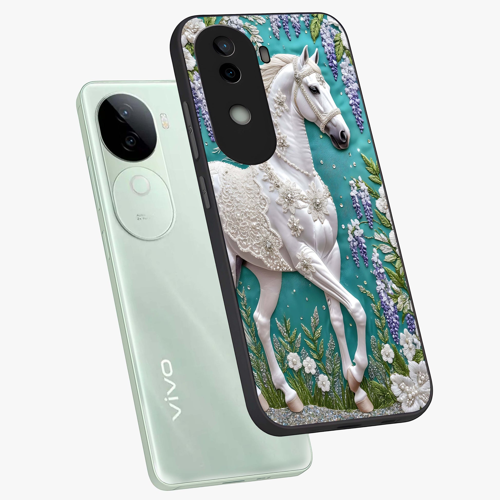 Majestic Floral Stallion Glass Case displayed in angled mockup highlighting majestic stallion illustration with elegant floral aesthetic.