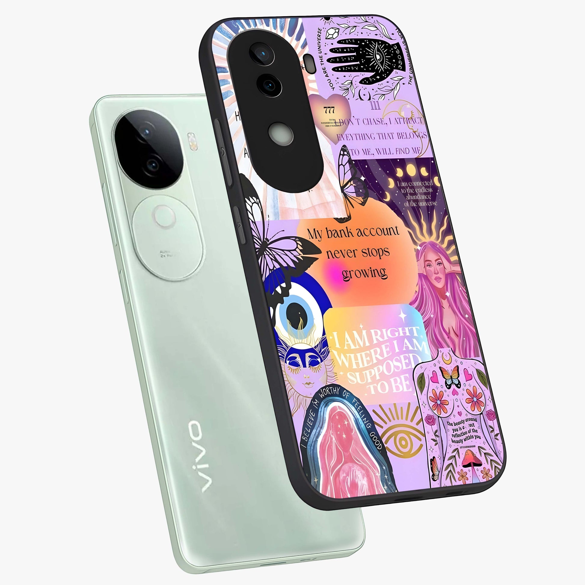 Manifestation Collage Glass Case displayed in angled mockup highlighting inspirational aesthetic collage design.