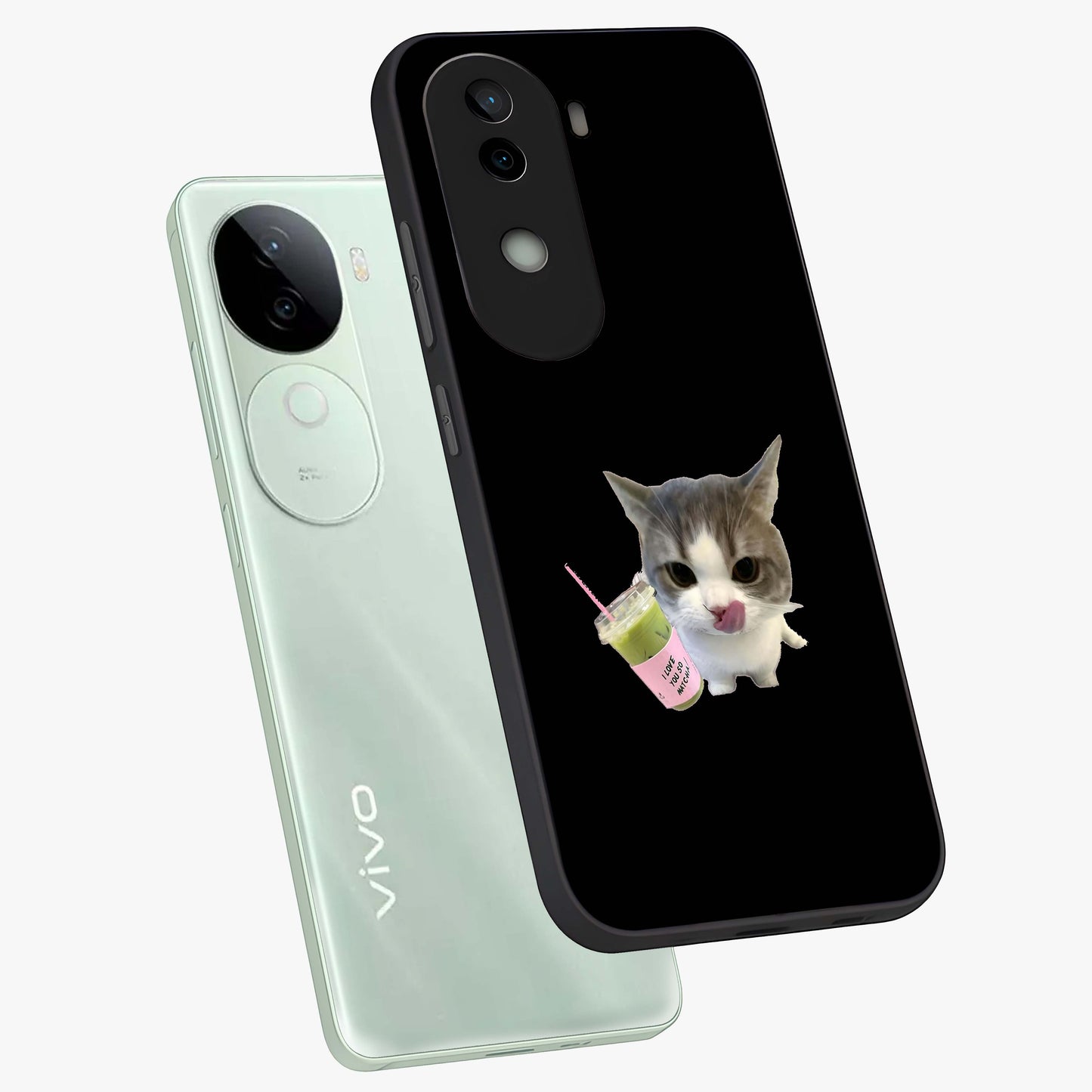 Matcha Cat Style Glass Case displayed in angled mockup highlighting playful feline design with pastel matcha aesthetic.