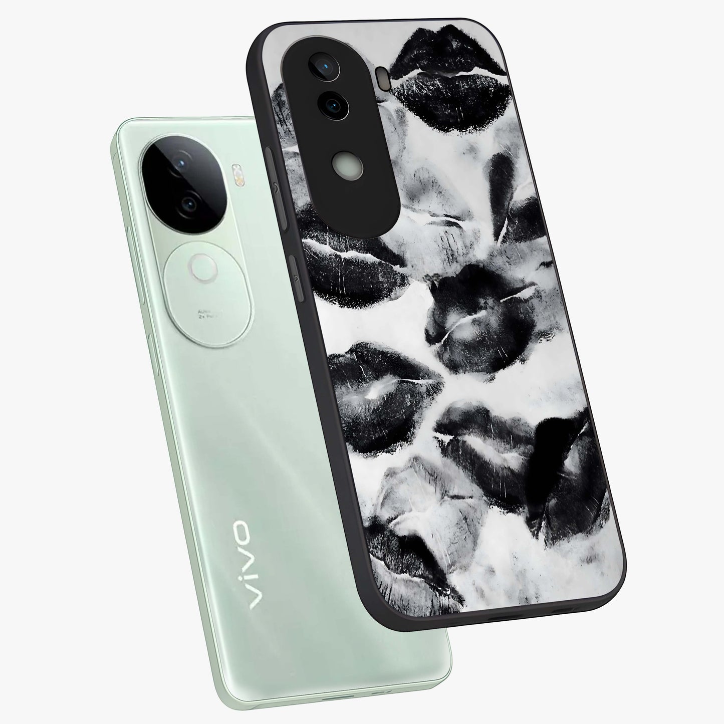 Midnight Kiss Marks Glass Case displayed in angled mockup highlighting playful romantic design with bold midnight aesthetic.