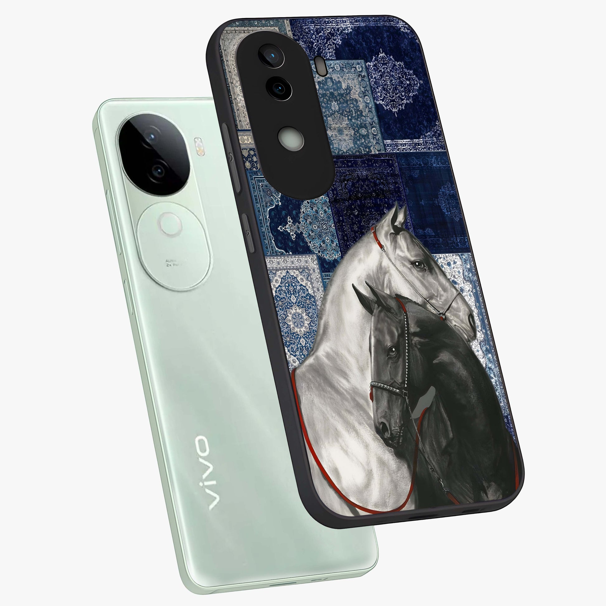 Midnight Stallion Blues Glass Case displayed in angled mockup highlighting powerful stallion illustration with deep midnight tones.
