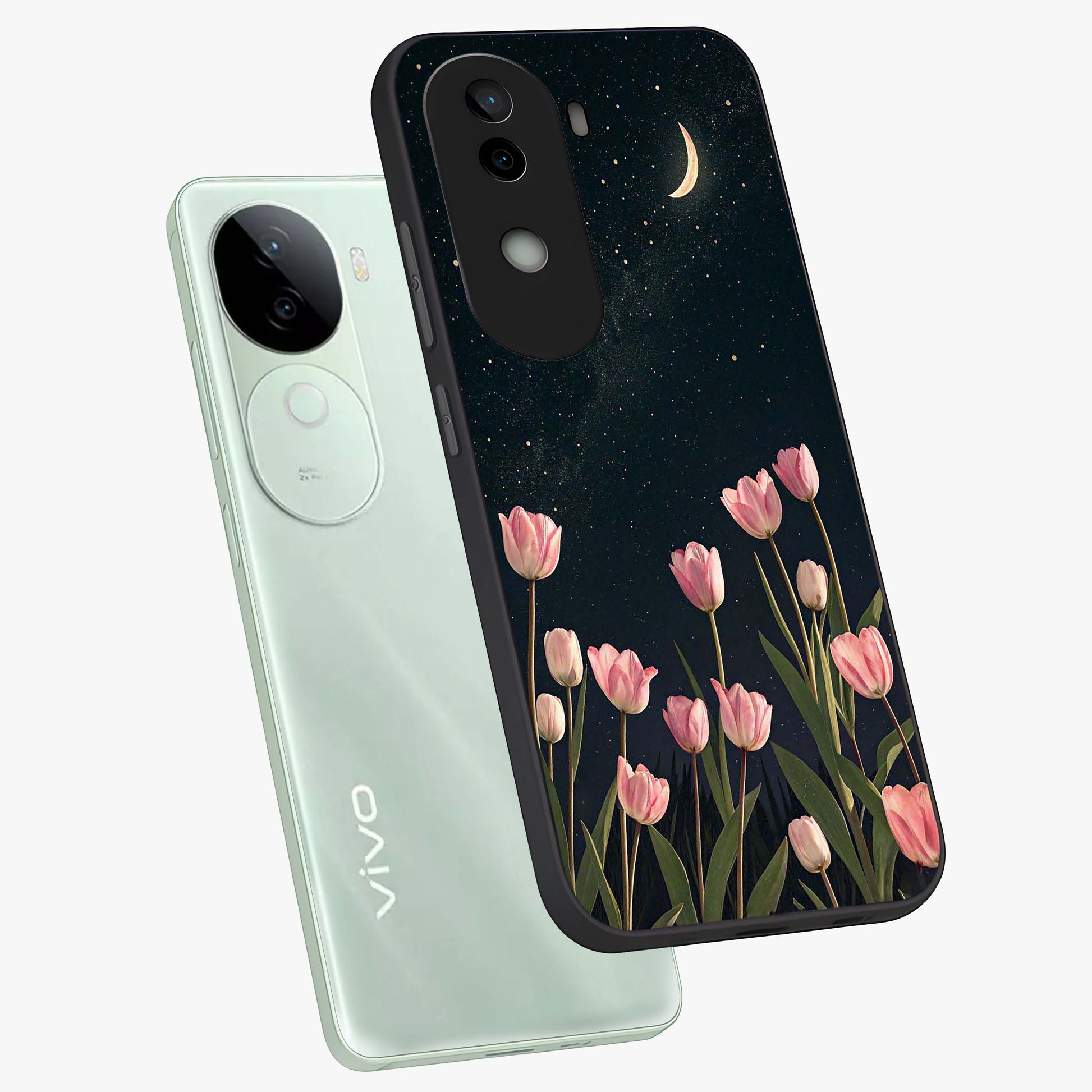 Midnight Tulip Whispers Vibe Glass Case displayed in angled mockup highlighting delicate tulip design with midnight floral aesthetic.
