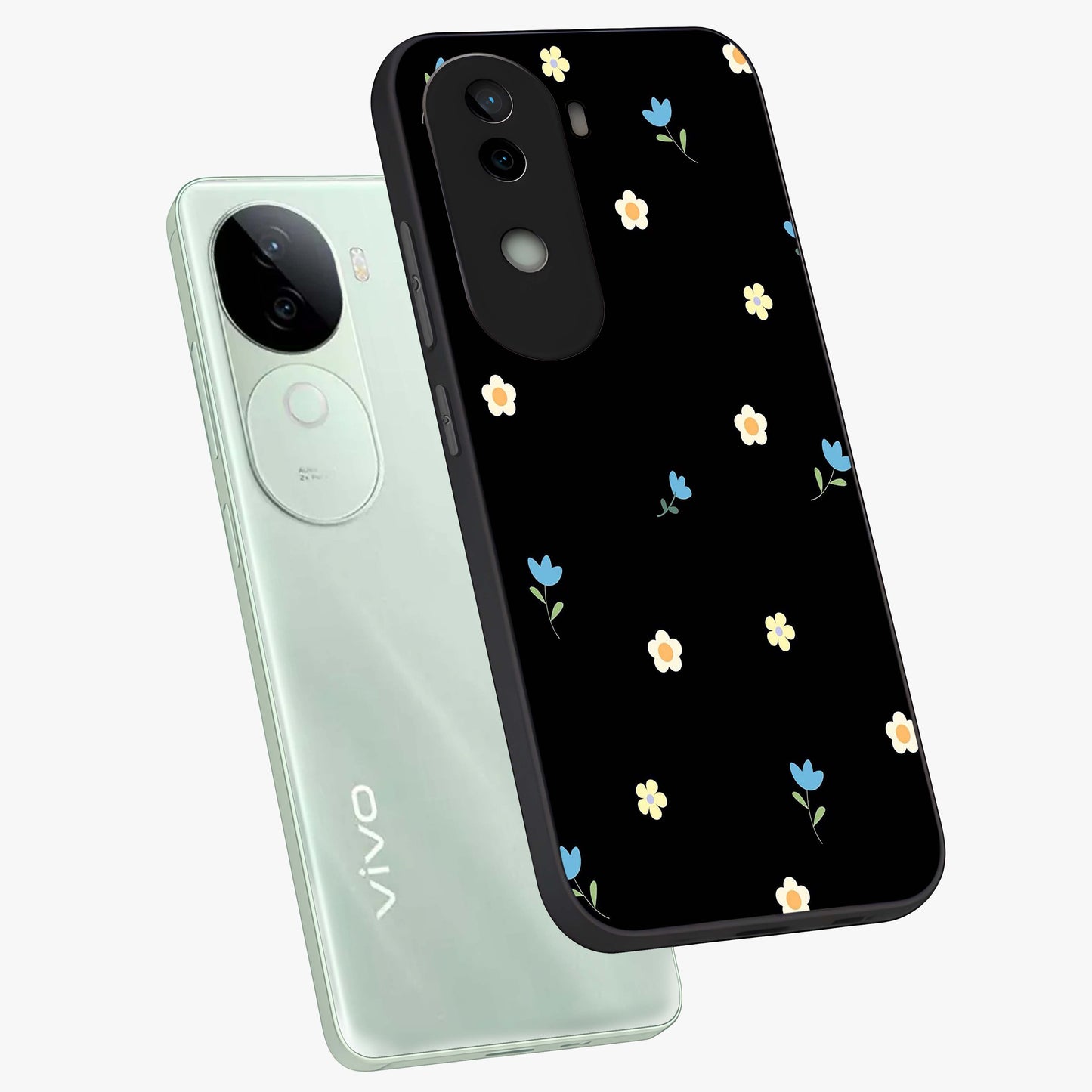 Minimal Petal Whispers Glass Case displayed in angled mockup highlighting delicate petal design with clean minimal aesthetic.