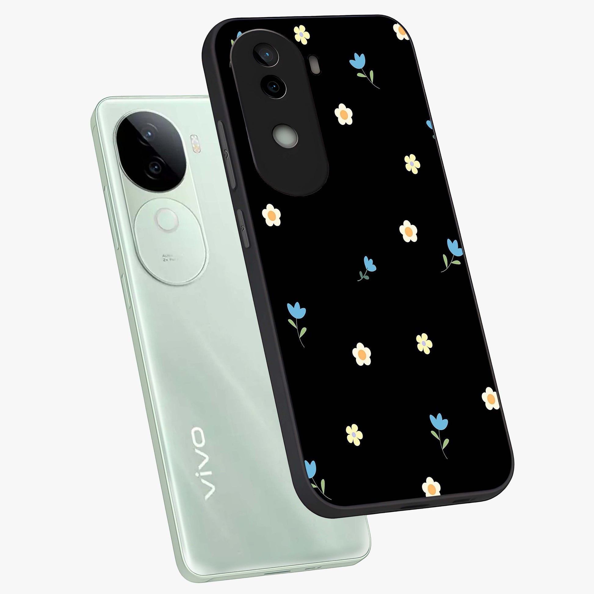 Minimal Petal Whispers Glass Case displayed in angled mockup highlighting delicate petal design with clean minimal aesthetic.