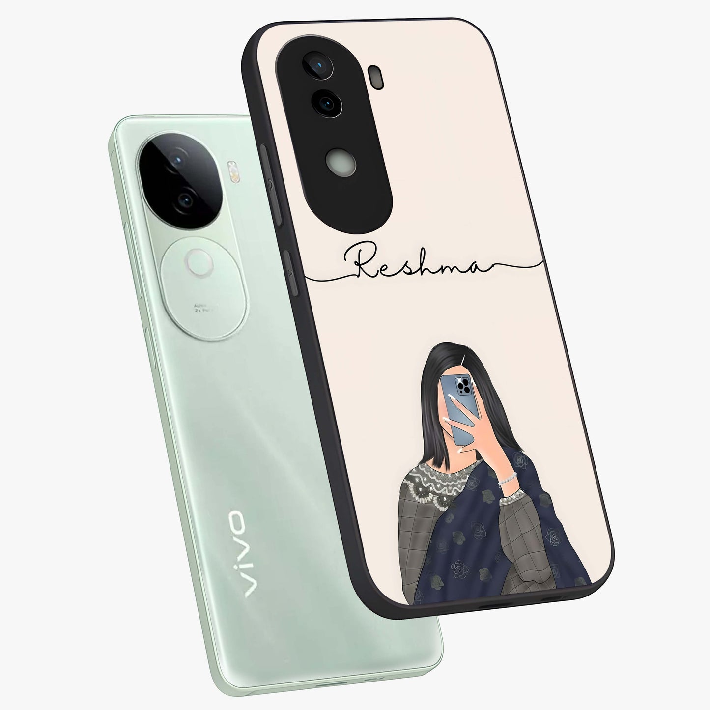 Mirror Mood Muse With Custom Name Glass Case displayed in angled mockup highlighting aesthetic mirror inspired design with custom name feature.