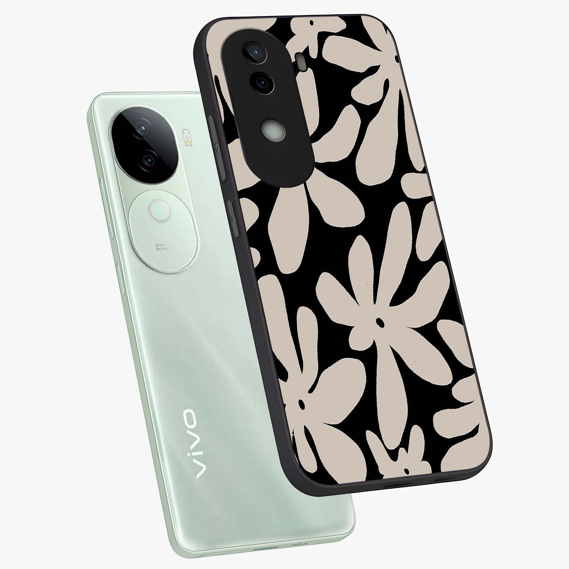 Monochrome Petal Dance Glass Case displayed in angled mockup highlighting elegant petal design with black and white aesthetic.