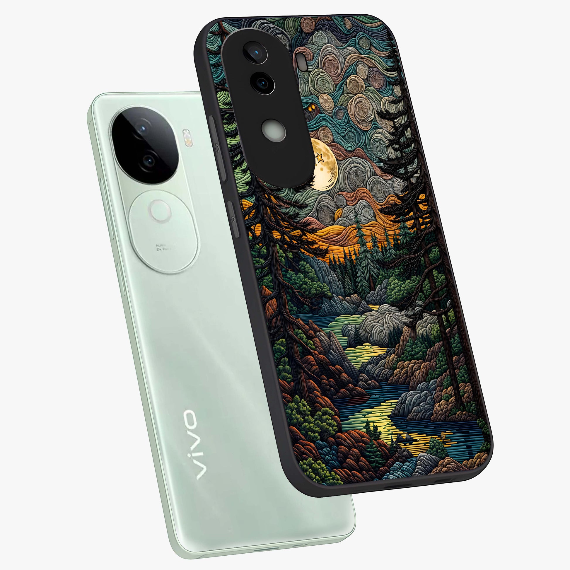 Moonlight Forest Dream Glass Case displayed in angled mockup highlighting dreamy forest design with glowing moon aesthetic.