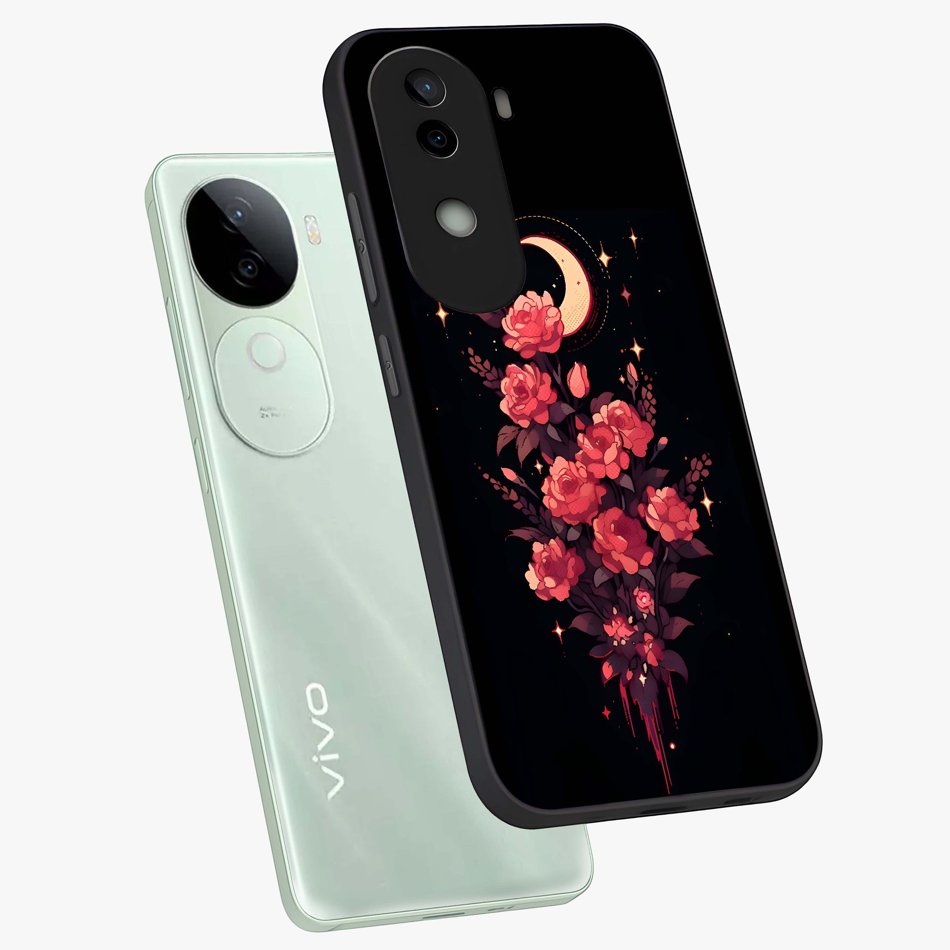 Moonlit Floral Elegance Glass Case displayed in angled mockup highlighting graceful flower design with soft moonlight aesthetic.